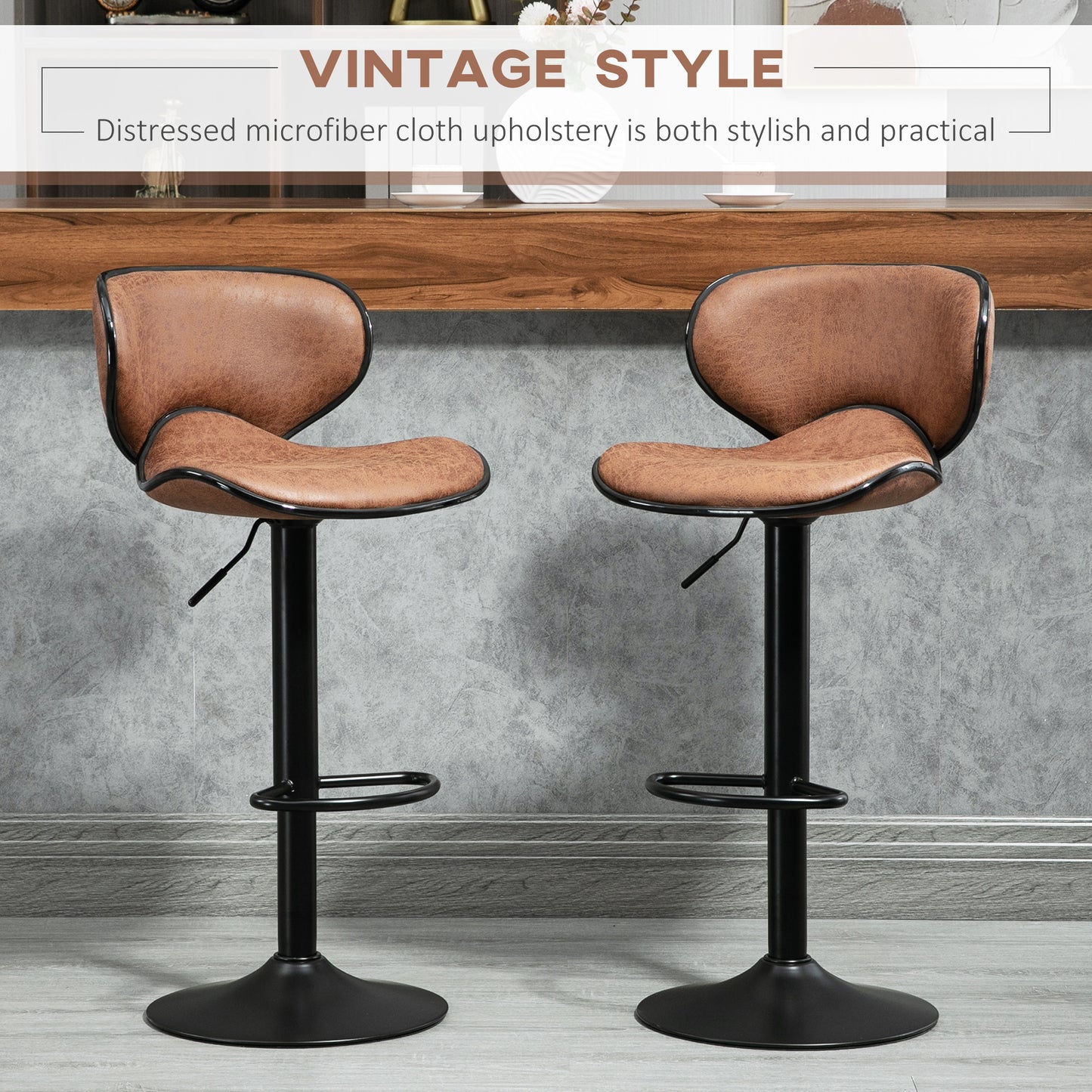 Bama Microfiber Brown Adjustable Swivel Bar Stools Set Of 2 With Armless Design