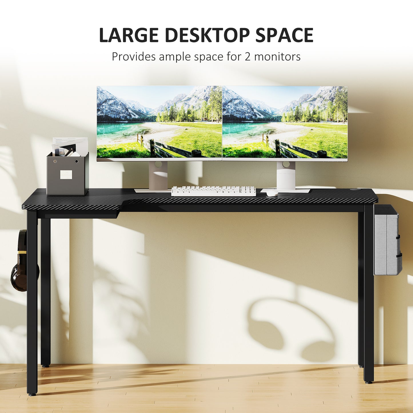Monotta 145cm Metal Black L Shaped Gaming Desk With Cable Management Fabric Storage and Hooks