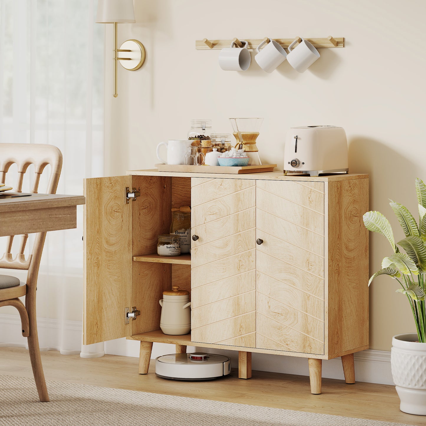 Lurodo Natural Wood Sideboard With Chevron Patter 3 Doors