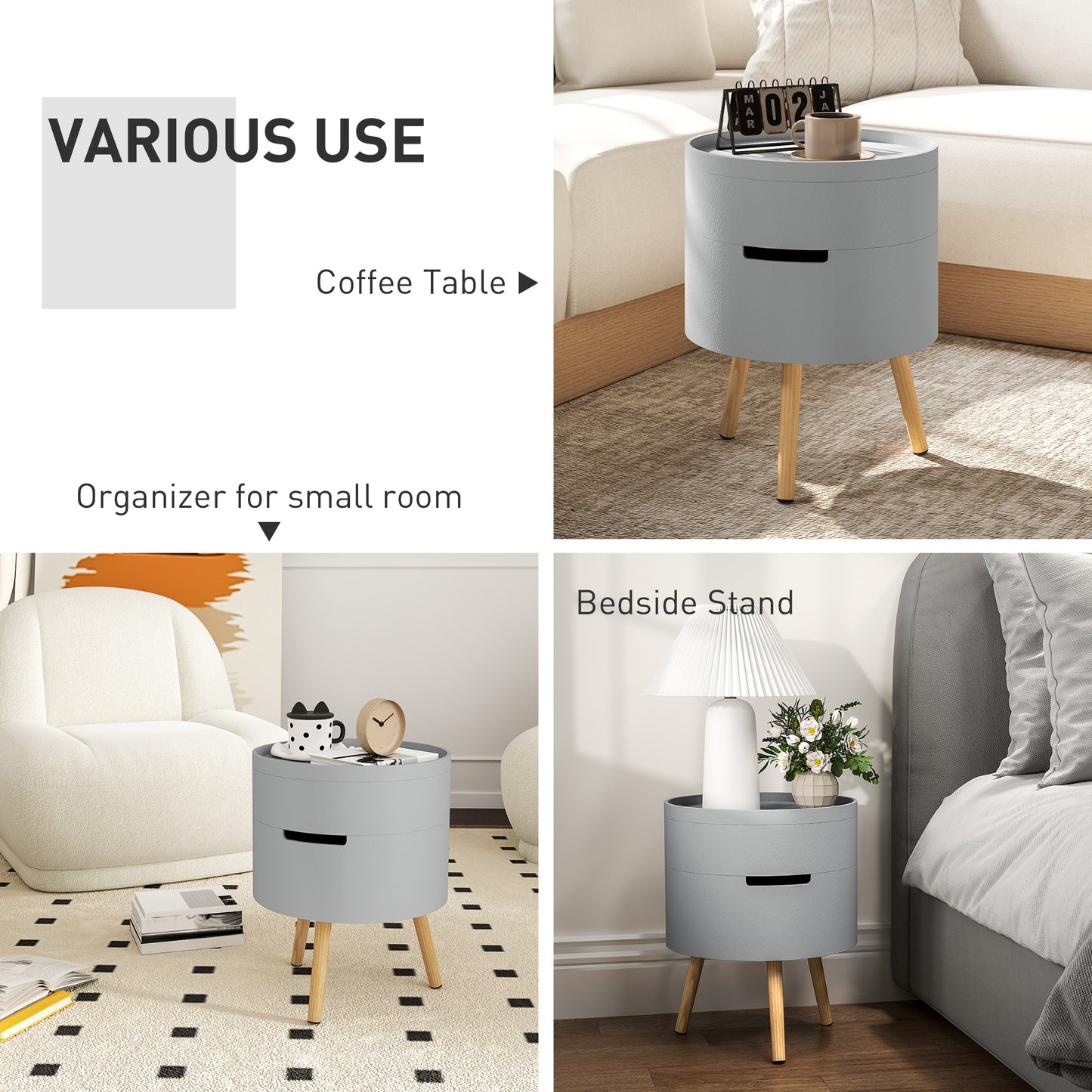 Pano Wooden Grey Round 3 Tier Bedside Table With Hidden Storage And Tray Top