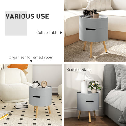 Pano Wooden Grey Round 3 Tier Bedside Table With Hidden Storage And Tray Top