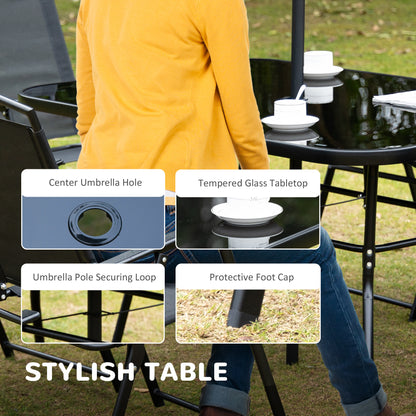 Rera 6 Seater Black Metal and Mesh Garden Dining Set with Chairs Table and Parasol