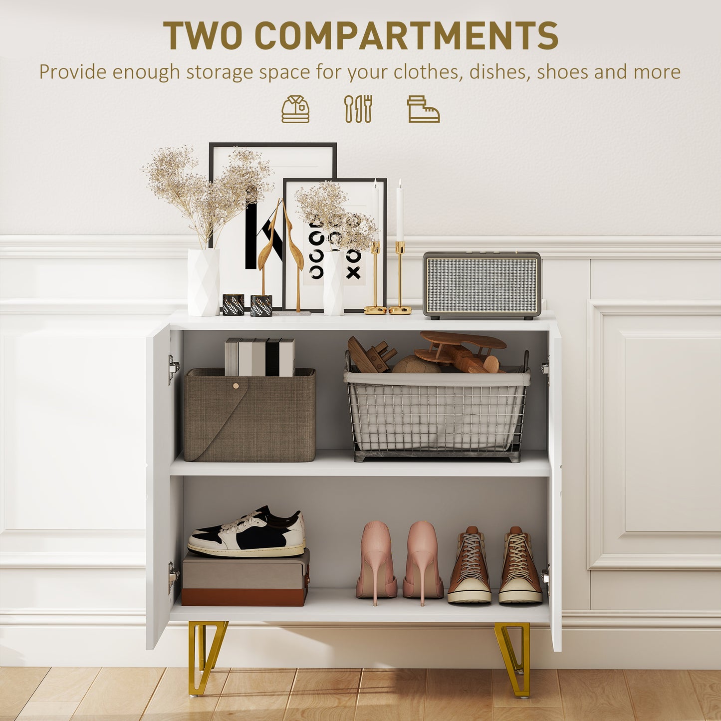 Diro High Gloss White Geometric Pattern Sideboard With Gold Hairpin Legs