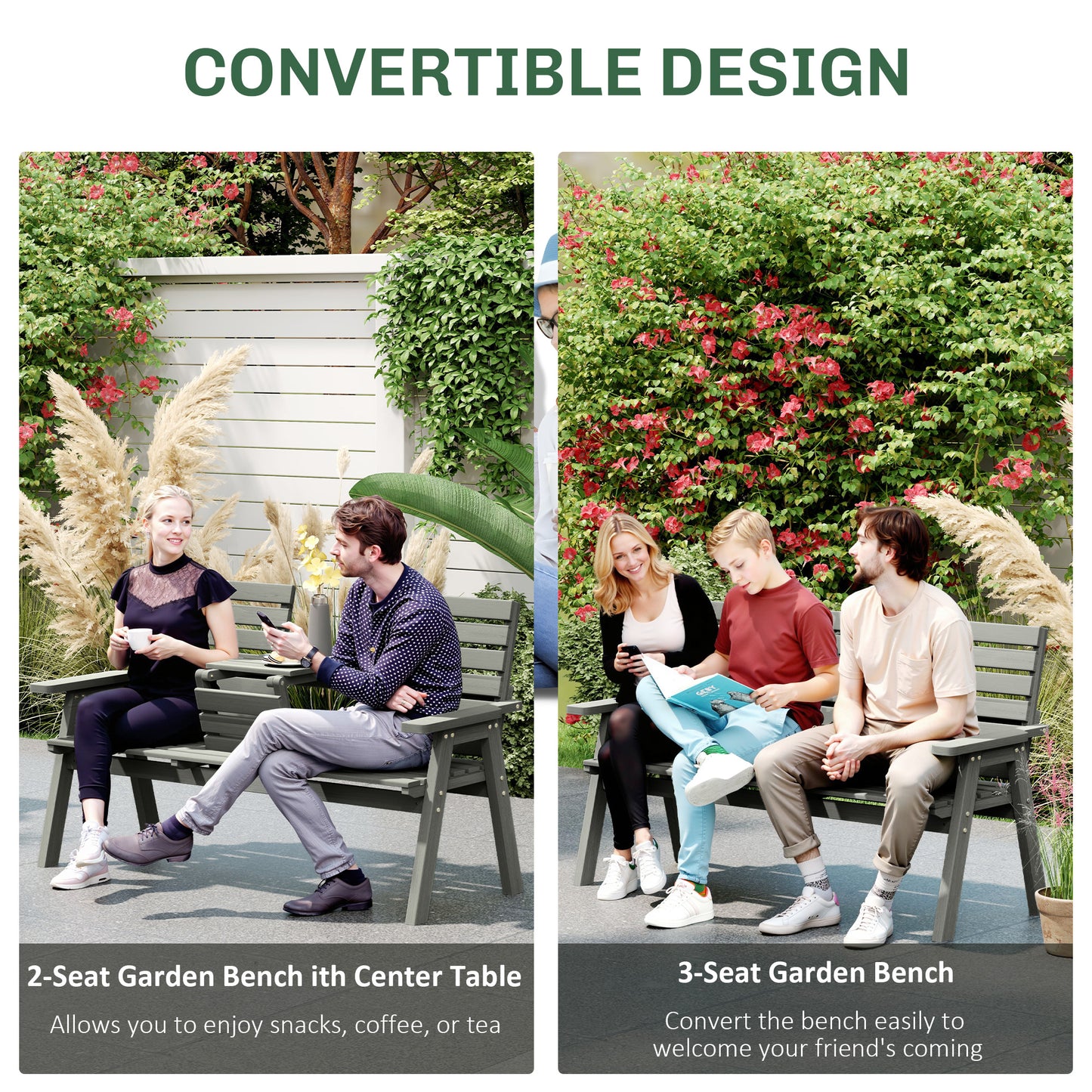 Loke Fir Wood Grey Convertible Outdoor Bench Expanding From 2 To 3 Seats