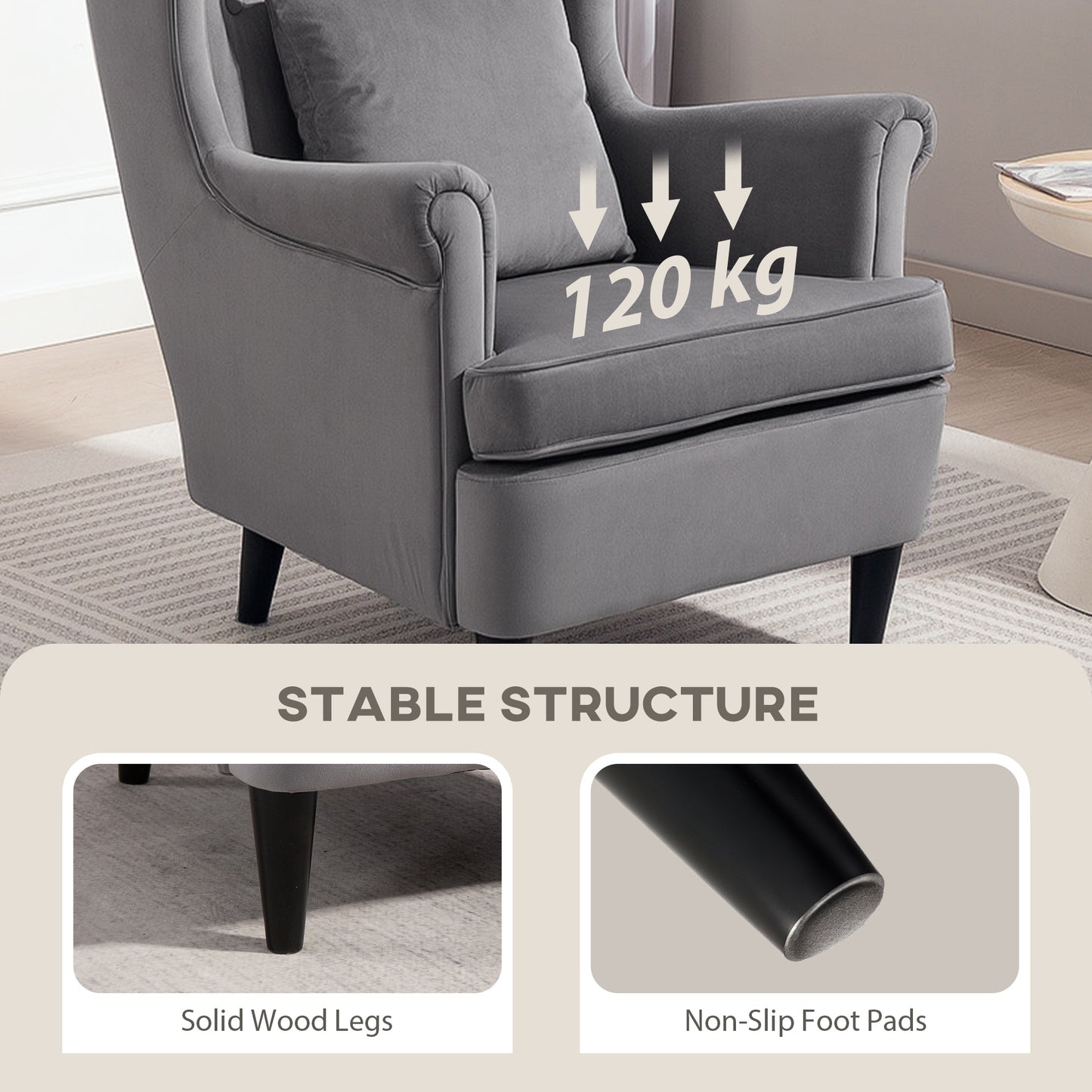 Harire Grey Velvet Wingback Accent Chair With High Back Pillow And Wooden Legs