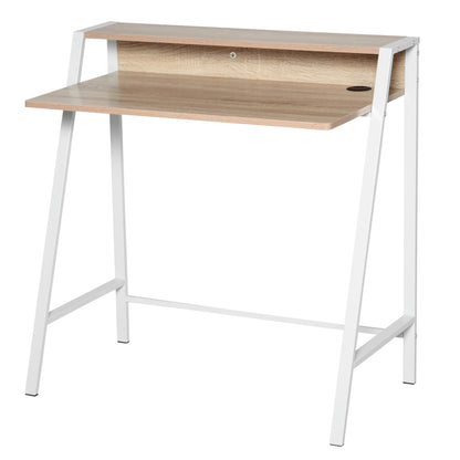 Dodosu 84cm Wooden White And Oak Compact Writing Desk With Storage Shelf