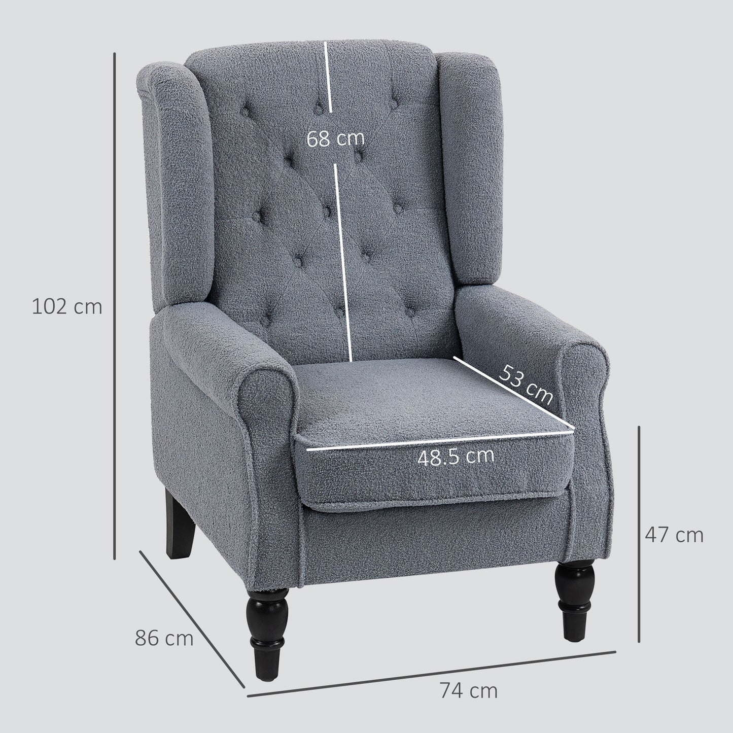 Rovero Grey Retro Wingback Accent Teddy Boucle Armchair With Diamond Button Sherpa Tufted Upholstery