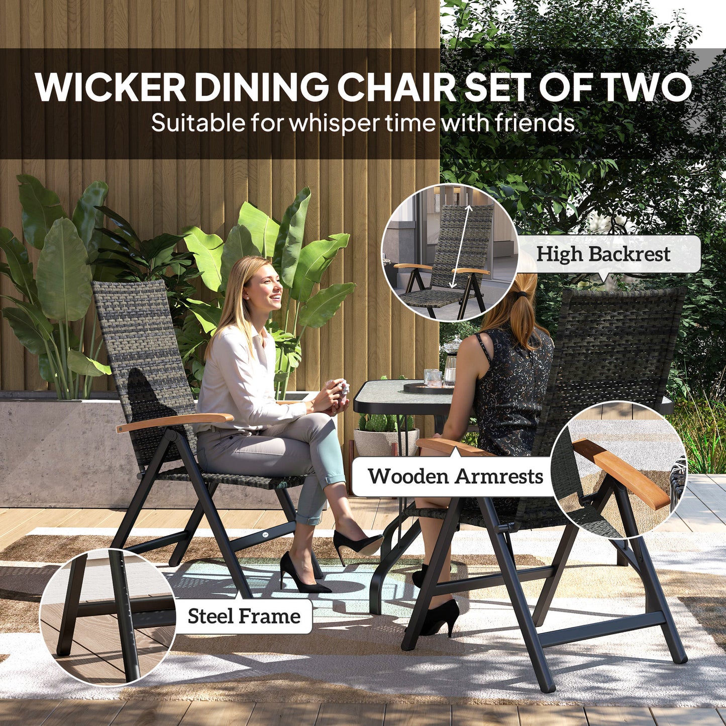 Paripa Rattan Mixed Grey Folding Garden Dining Chairs Set Of 2 With Adjustable High Back And Wood Armrests