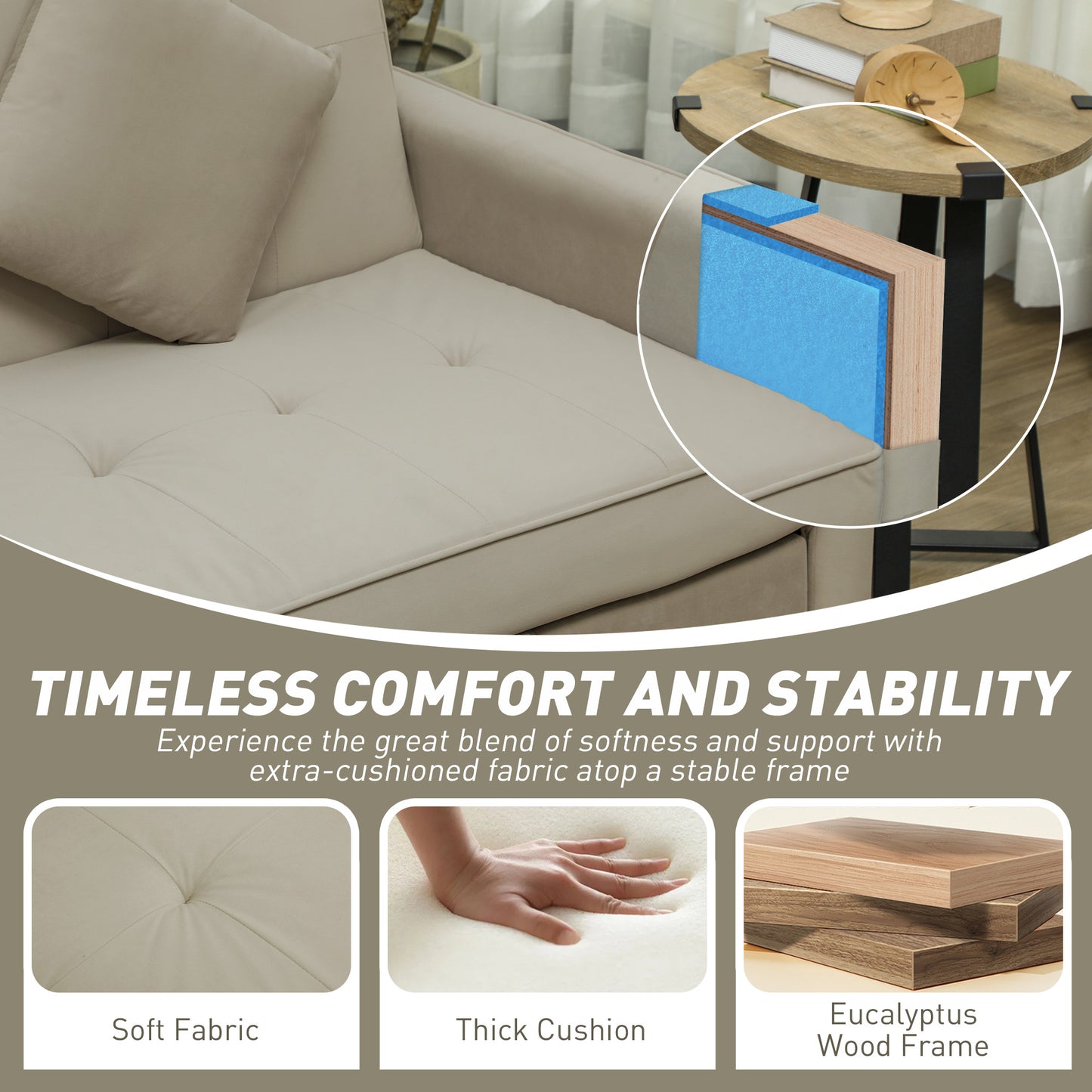 Yokari Beige Upholstered 3 Seater Convertible Sofa Bed Tufted