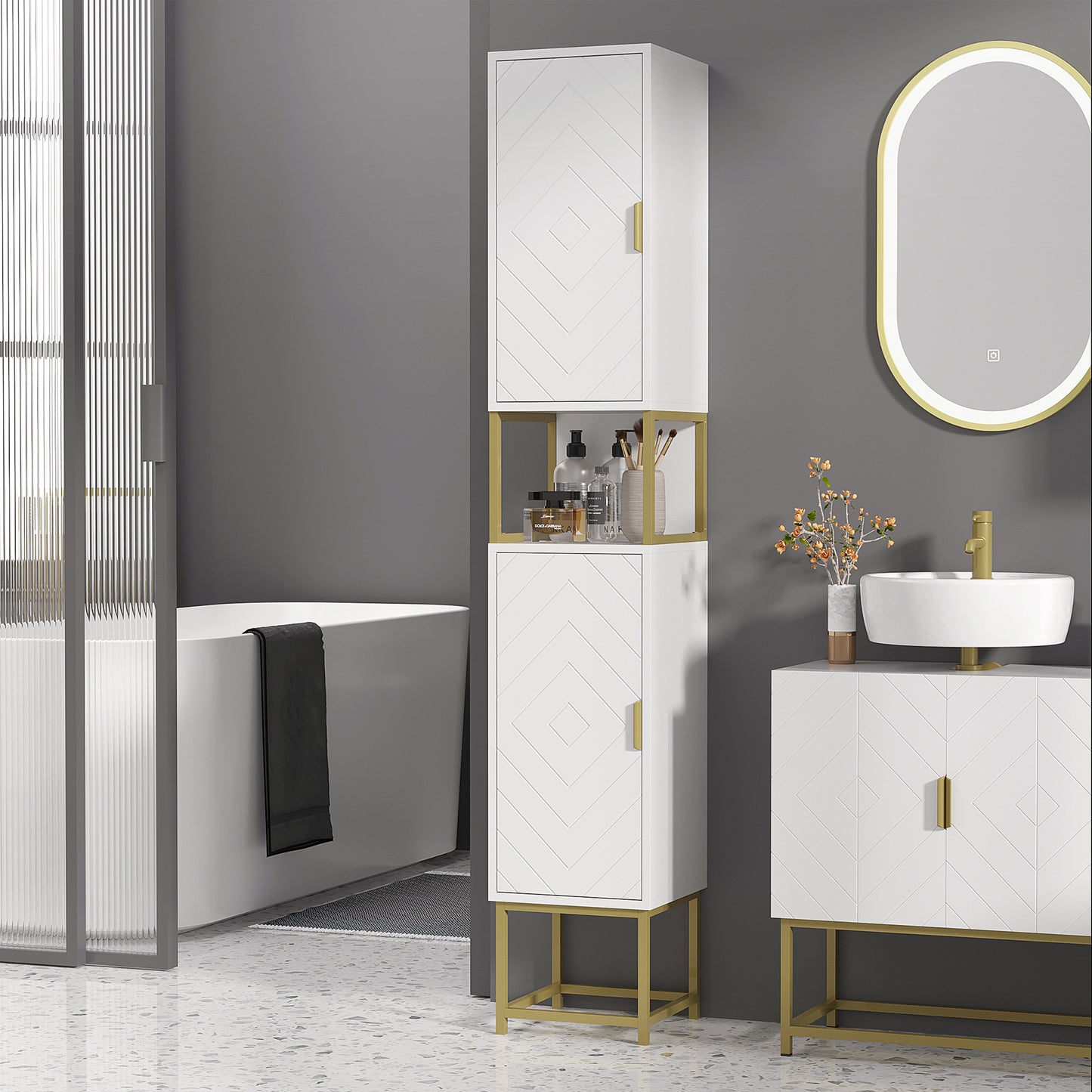 Kacoel Tall Narrow Bathroom Storage Cabinet With Adjustable Shelves Double Doors And Steel Base White