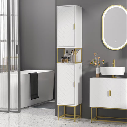 Kacoel Tall Narrow Bathroom Storage Cabinet With Adjustable Shelves Double Doors And Steel Base White