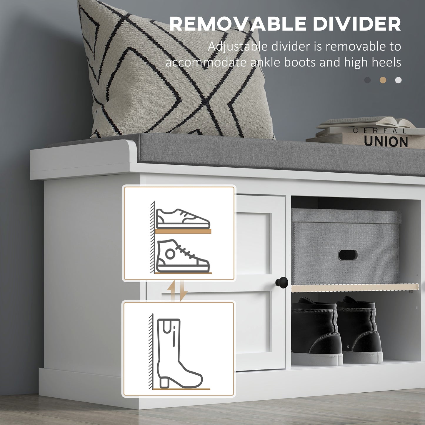 Lire Wooden White And Grey Multi Compartment Shoe Bench With Cushioned Top