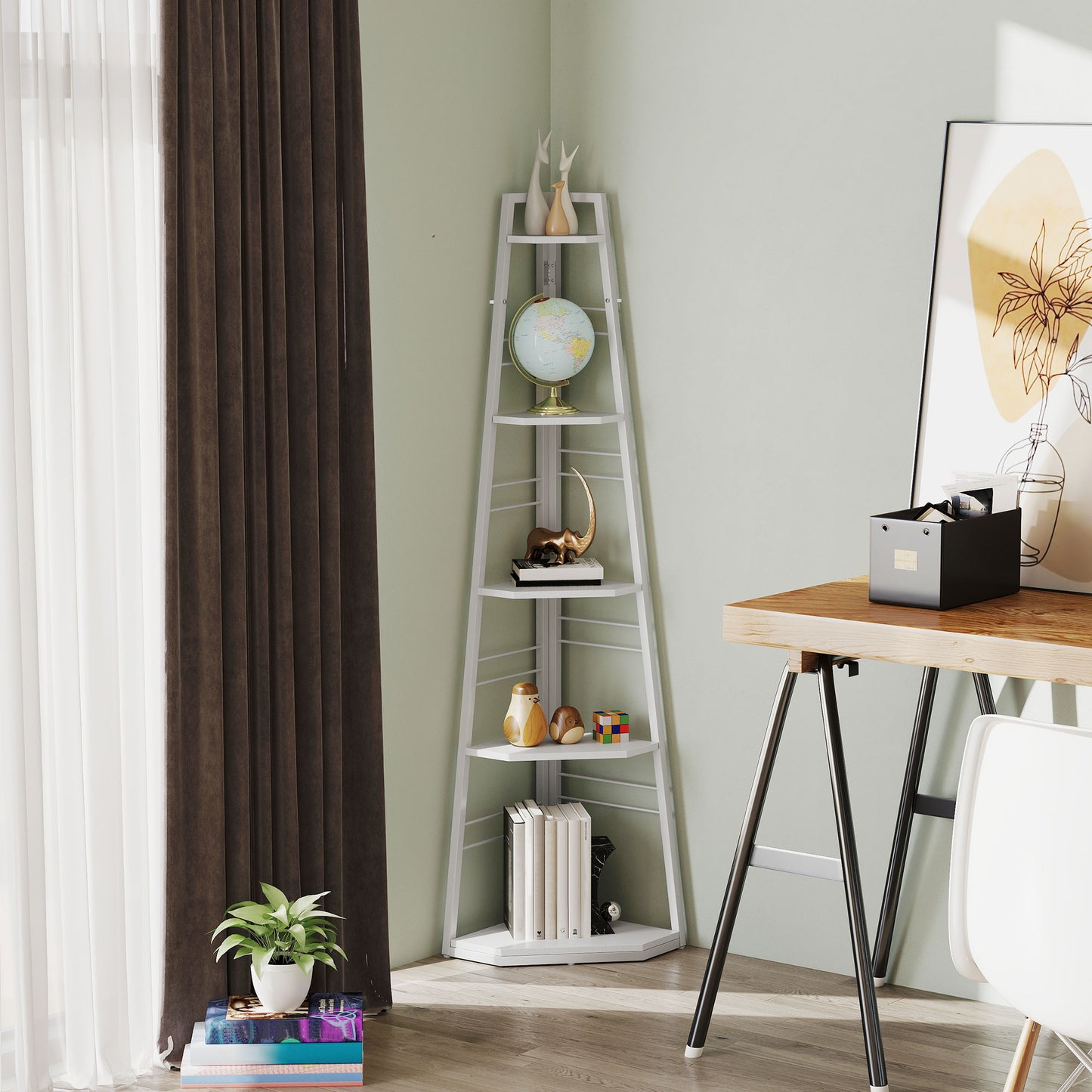 Vineha Wood White 5 Tier Corner Shelving Unit