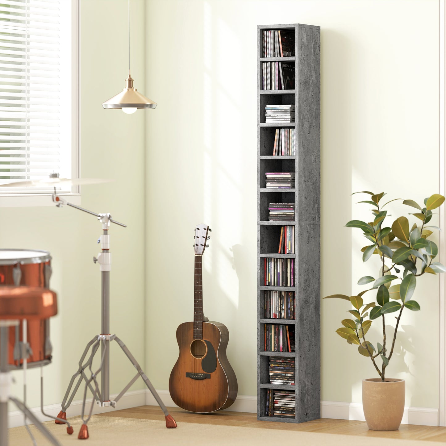 Loli Wooden Cement Grey Tall Narrow Media Storage Tower With 204 Disc Capacity
