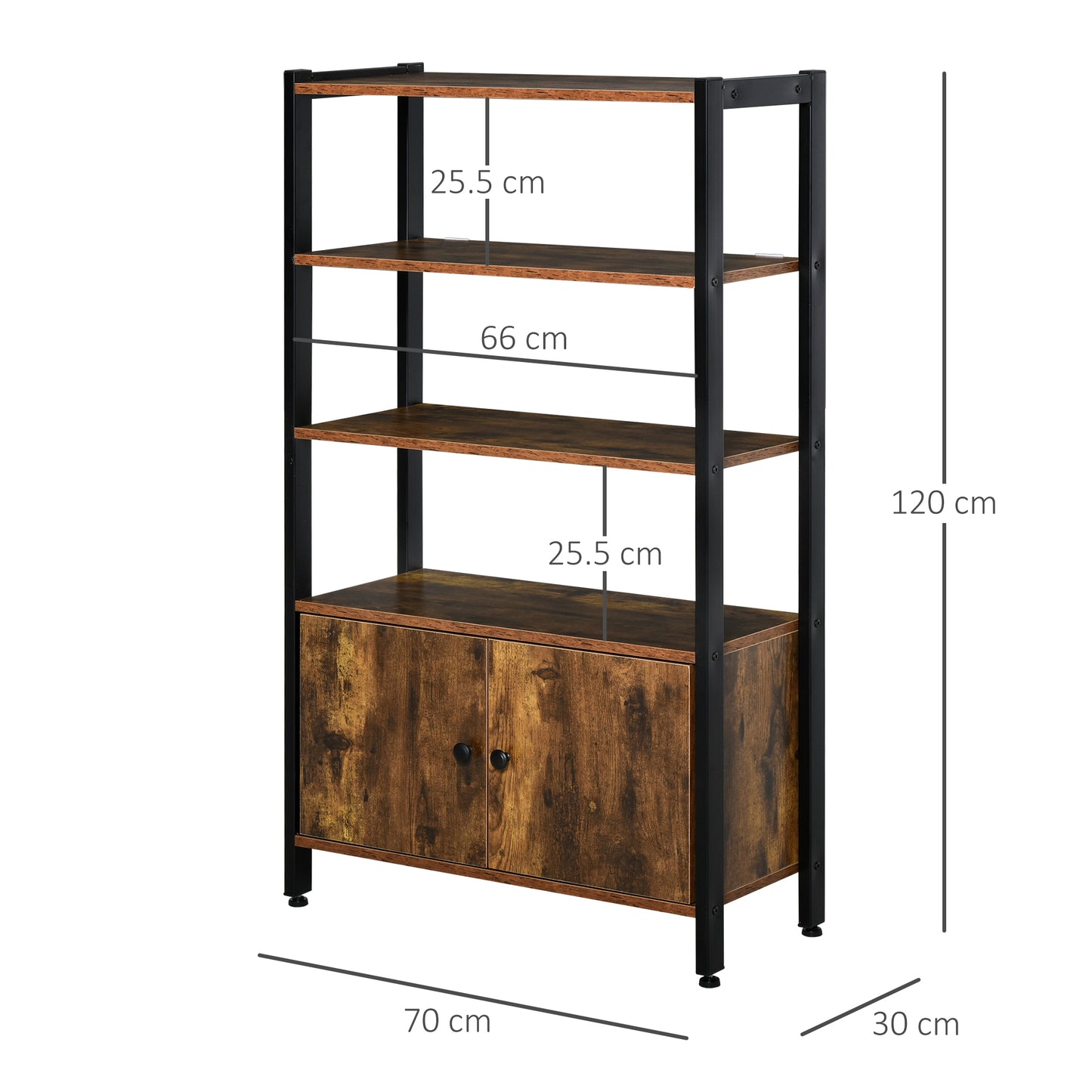 Reneco Vela Metal And Wood Rustic Brown 3 Tier Industrial Bookshelf With Doors