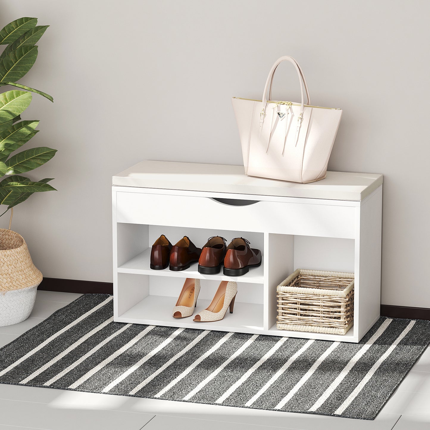 Sokari Wooden White Shoe Storage Bench 1 Drawer And Padded Seat