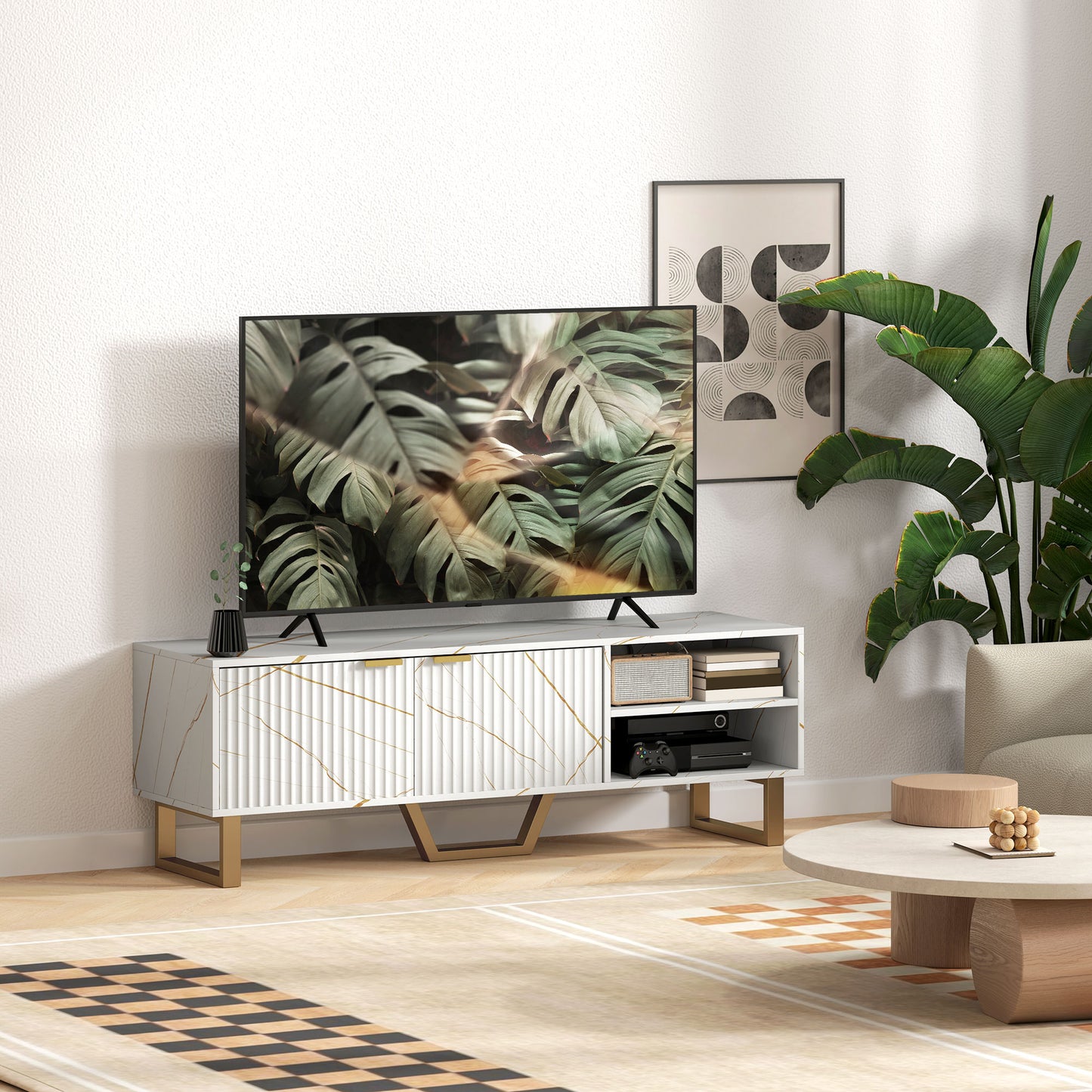 Veriri 140cm White Marble and Gold Effect TV Unit With Fluted Doors For Screens Up To 70 Inches