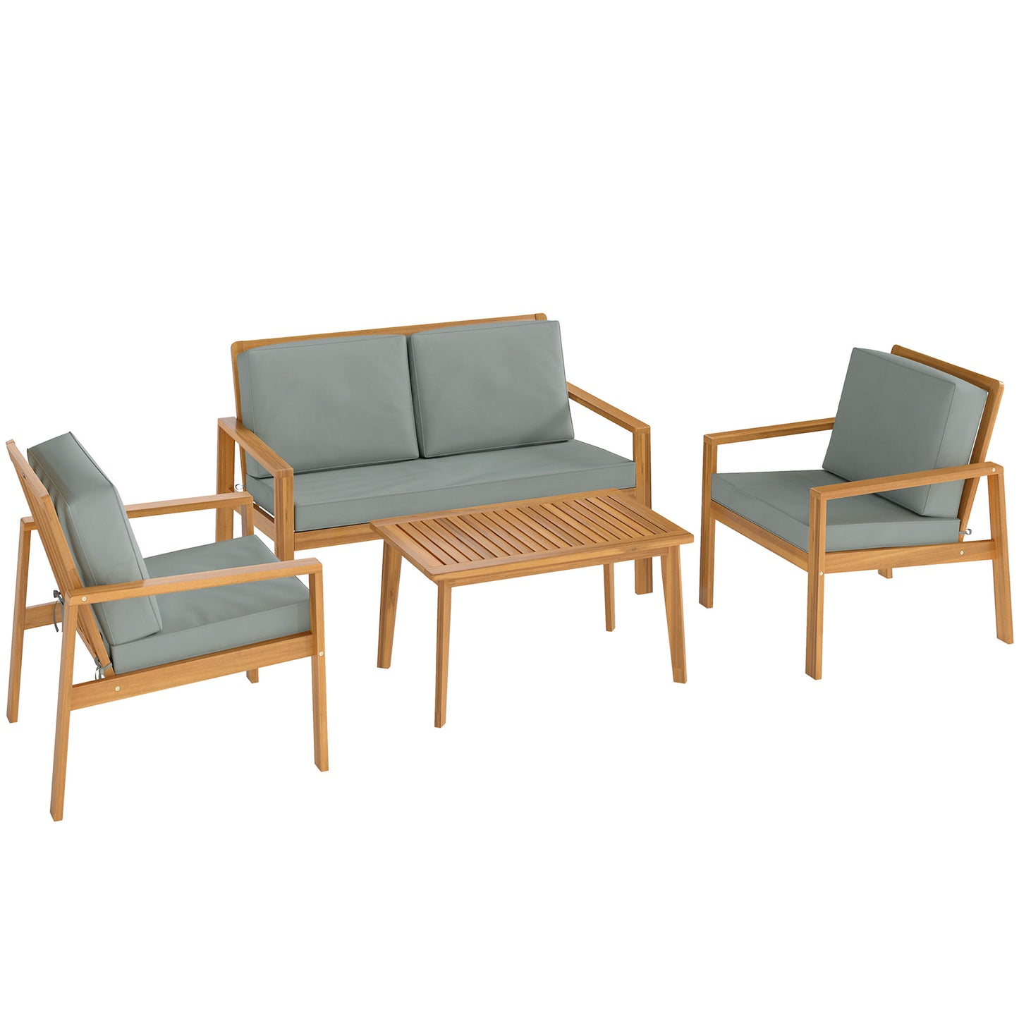 Rotoyo Teak Wood 4 Seater Outdoor Garden Furniture Set with Grey Cushions