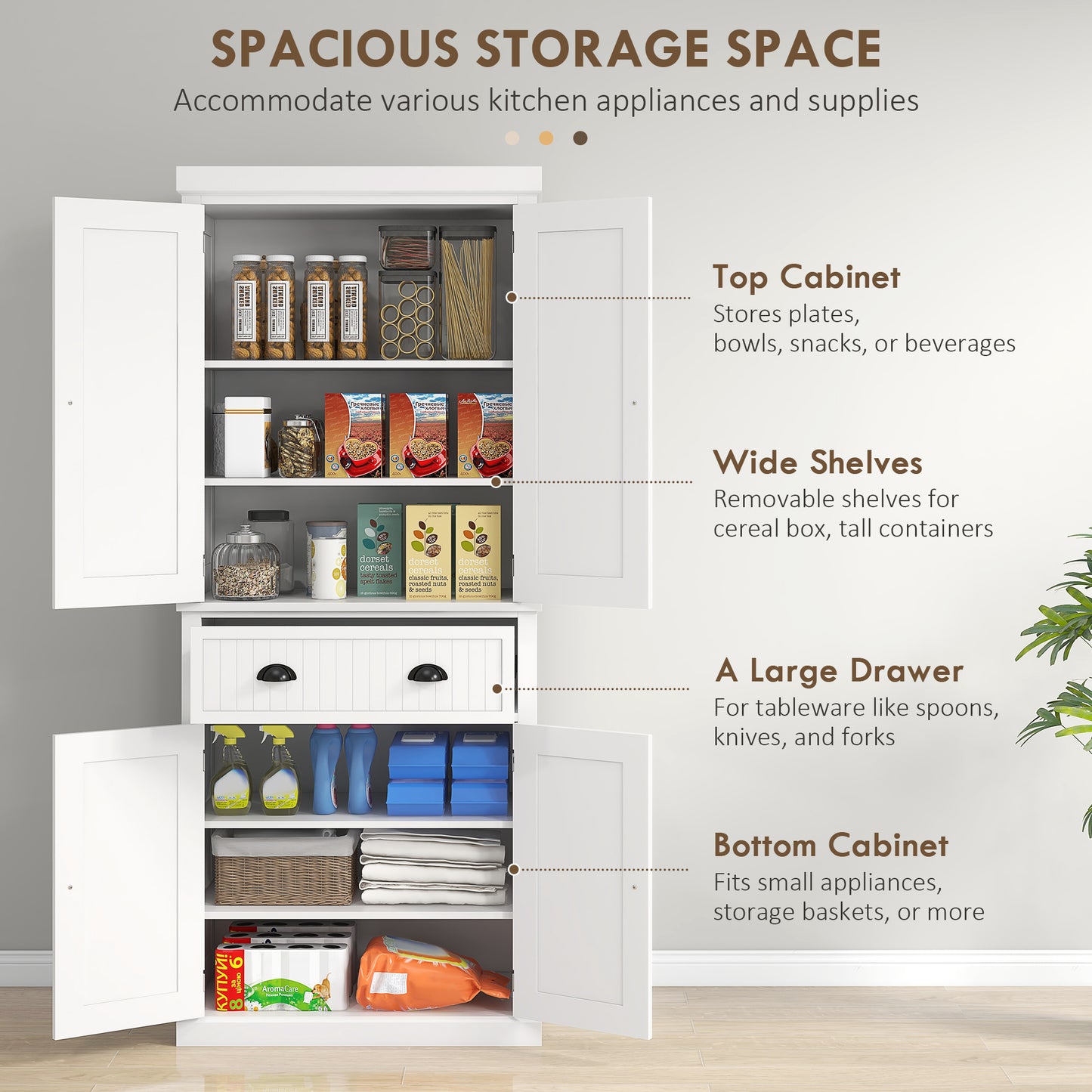 Ellu Soso Wooden White Kitchen Storage Cabinet With Drawer And Adjustable Shelves