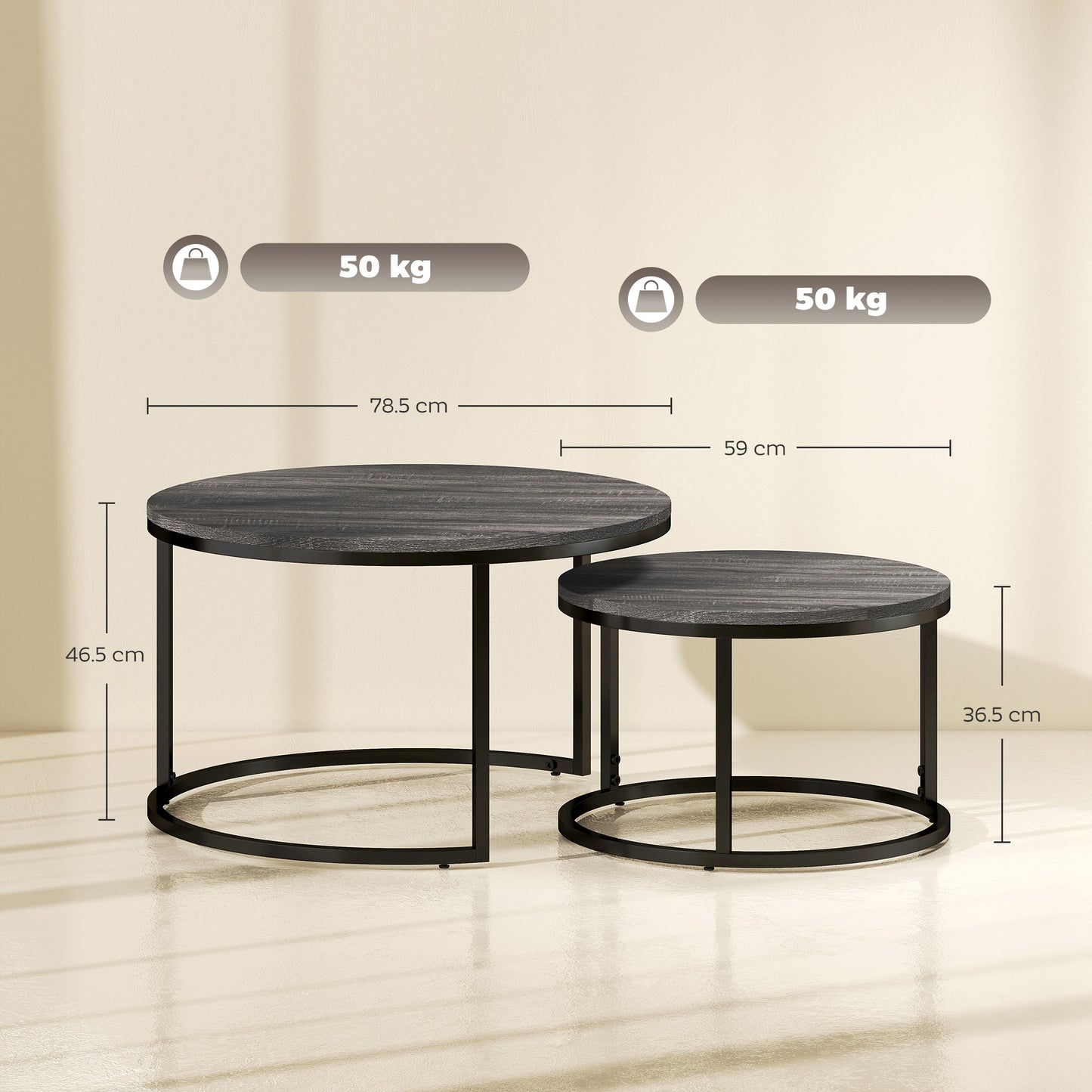 Rali Metal And Wood Black Set Of 2 Marble Effect Nesting Coffee Tables