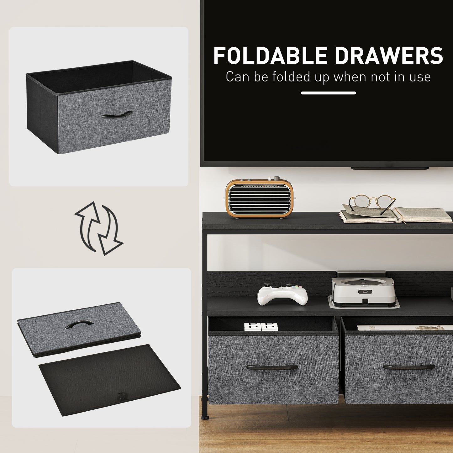 Avanor 120cm Black TV Storage Unit With 3 Fold Down Fabric Drawers