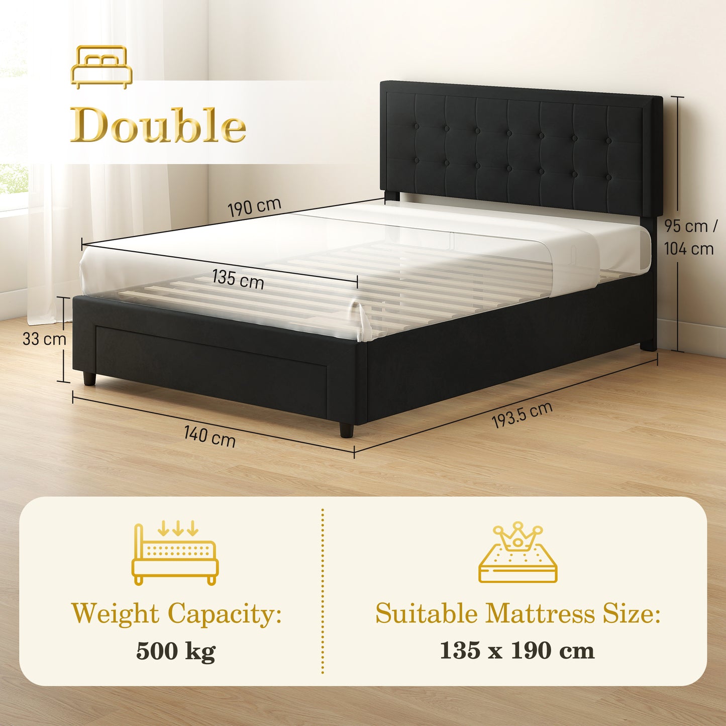 Mora 4FT6 Double Ottoman Bed Frame with Front Divan Drawer Storage Black
