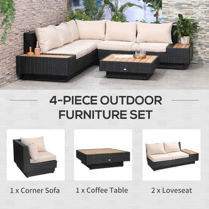 Miramar Rattan Black 5 Seater Outdoor Corner Sofa And Coffee Table Set With Cream Cushions