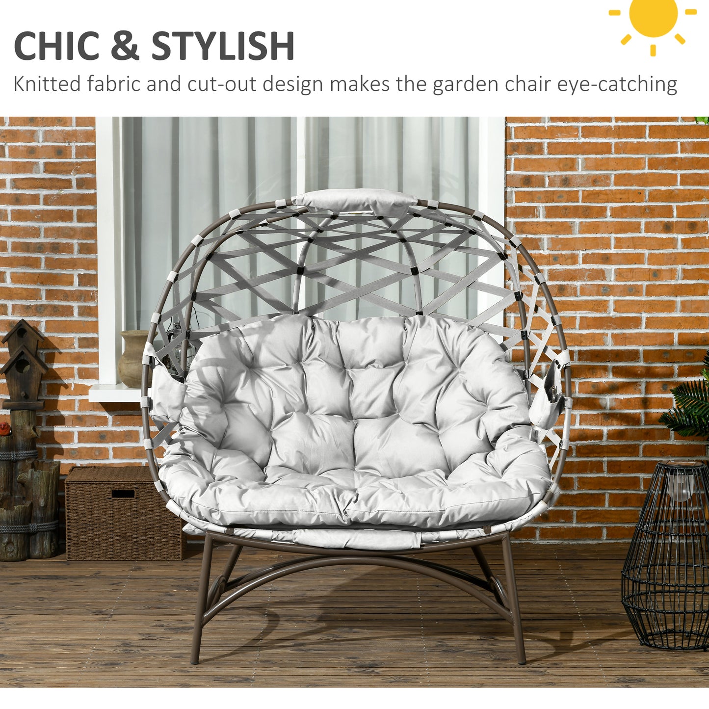 Ninamo Woven Rattan Light Grey 2 Seater Folding Egg Chair With Cushions And Cup Holders