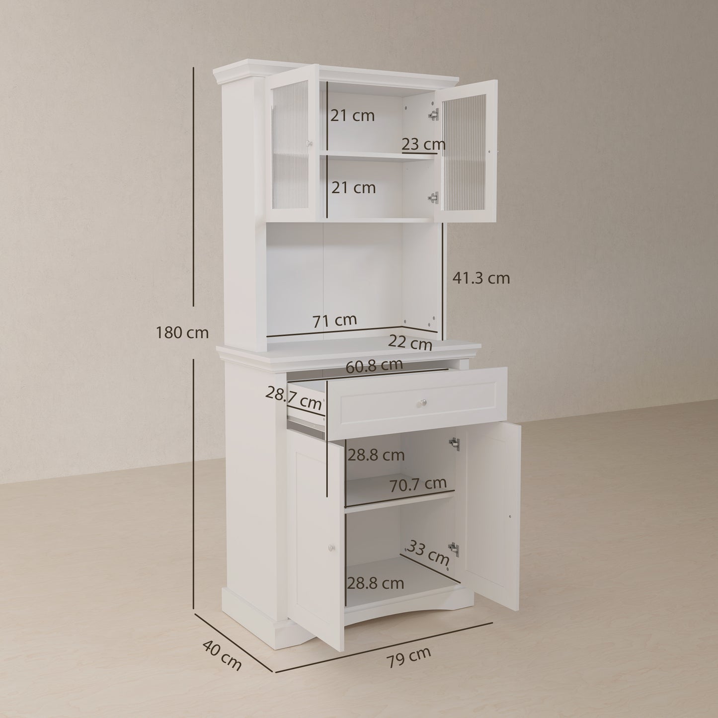Tole Wooden White 4 Door Kitchen Cupboard With Drawer Glass Doors And OFauxn Counter