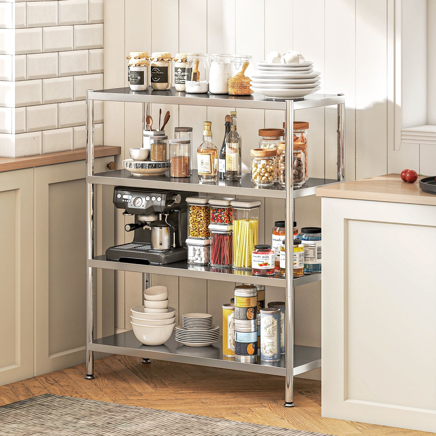 Nafado Stainless Steel Silver 4 Tier Bakers Rack Microwave Stand With Adjustable Shelves