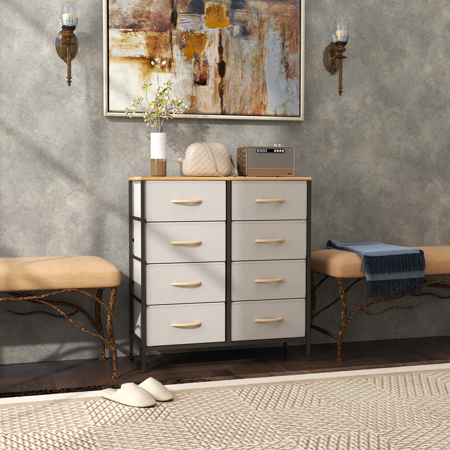 Neyo Metal And Fabric Cream White 8 Drawer Industrial Storage Dresser With Steel Frame