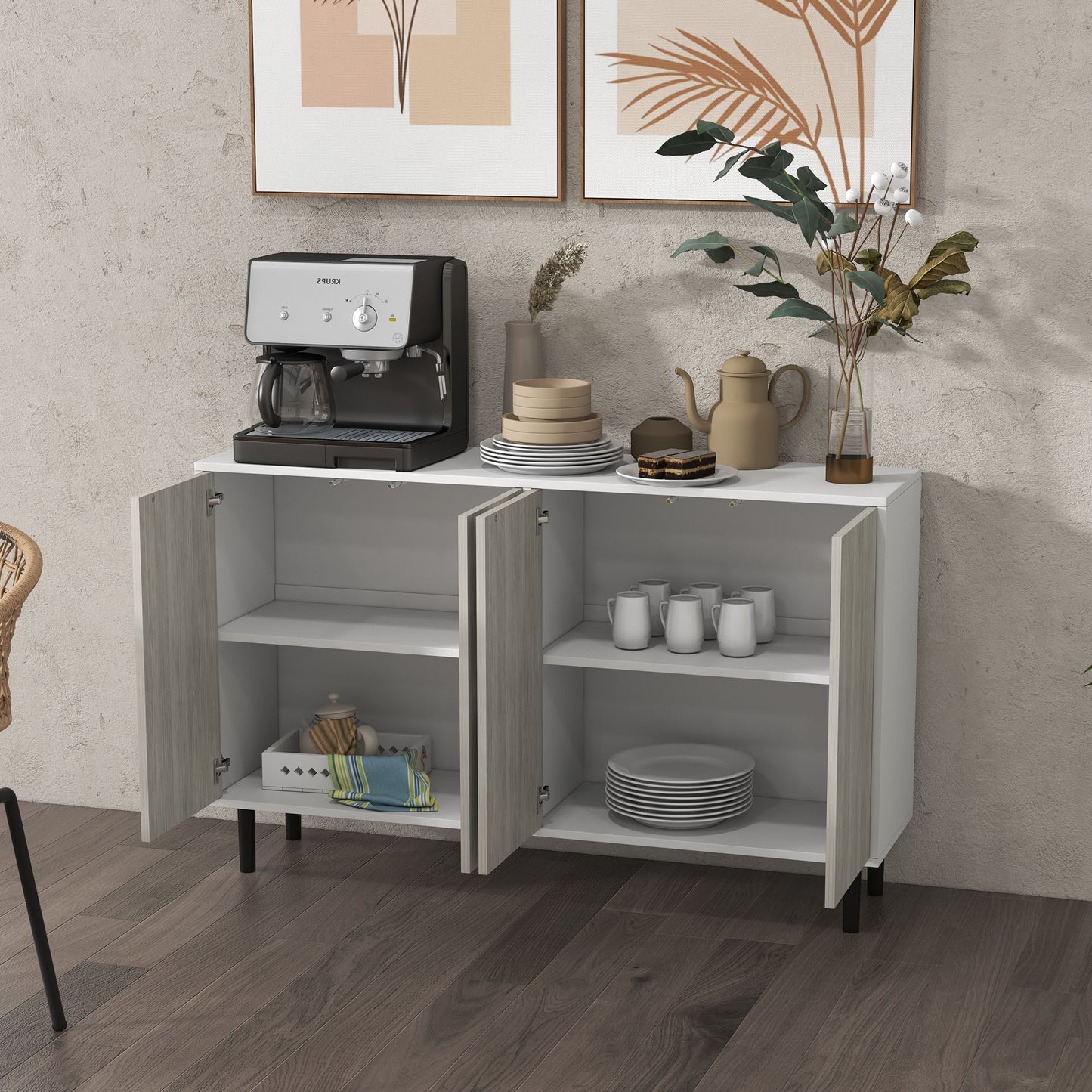 Sosule White and Grey Sideboard With 4 Doors and 2 Shelves