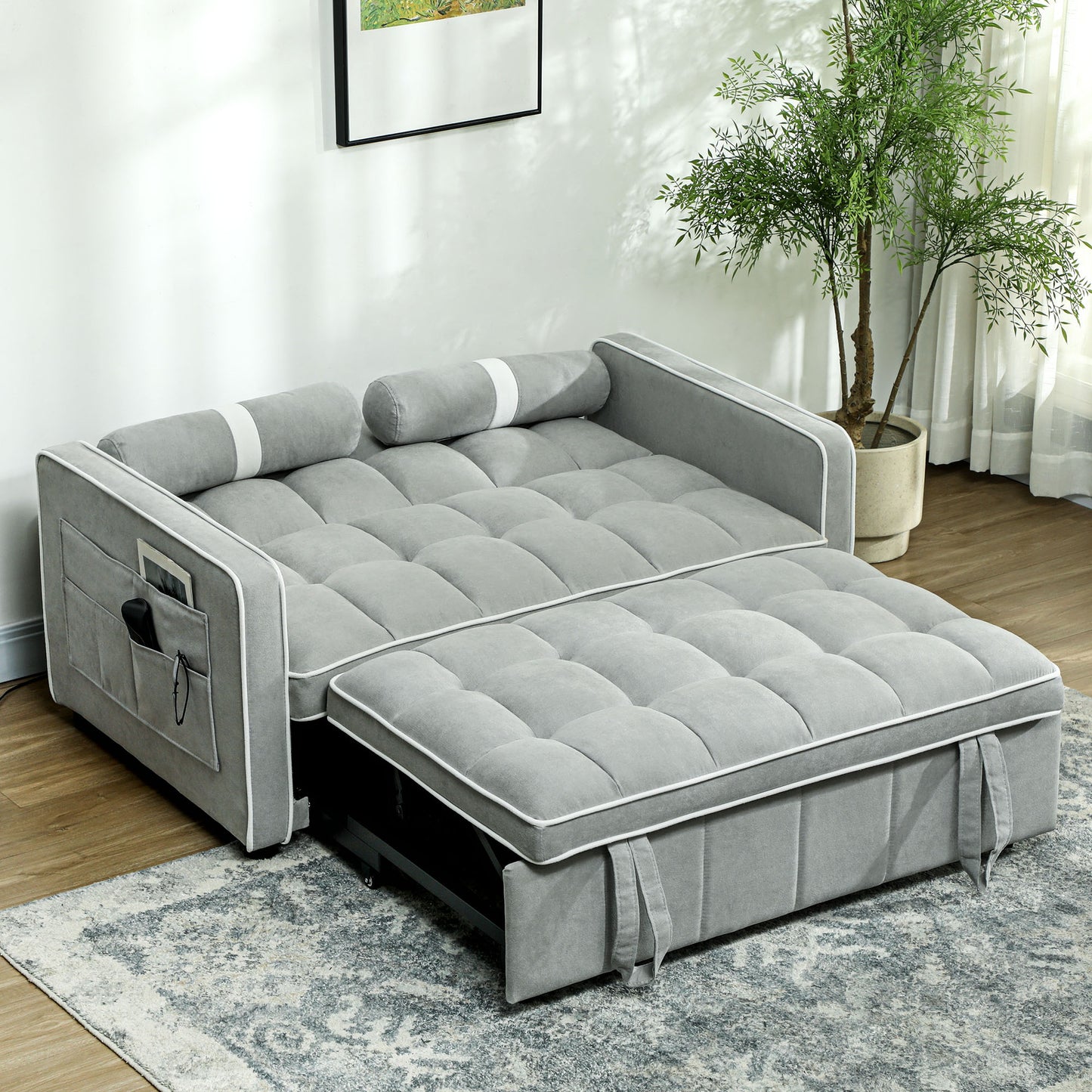 Tapa Linen Effect Light Grey Upholstered 2 Seater Sofa Bed White Trim