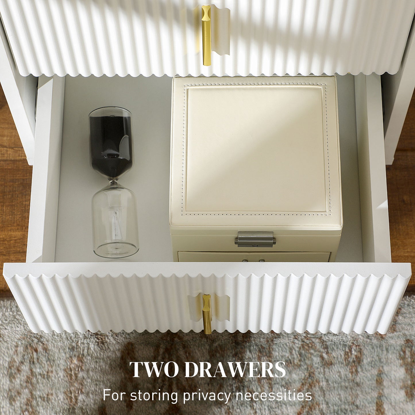 Bapano White And Gold 2 Drawer Ribbed Bedside Table Gold Accents