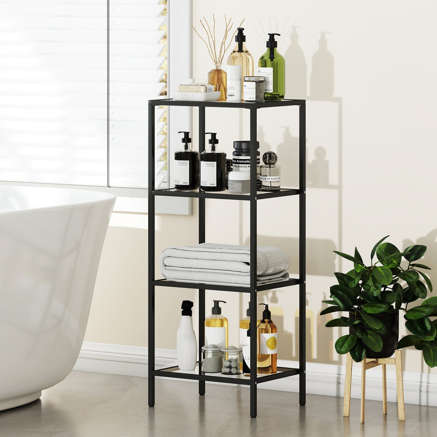 Elso Metal And Glass Black 4 Tier Vertical Shelving Unit For Living And Office Use