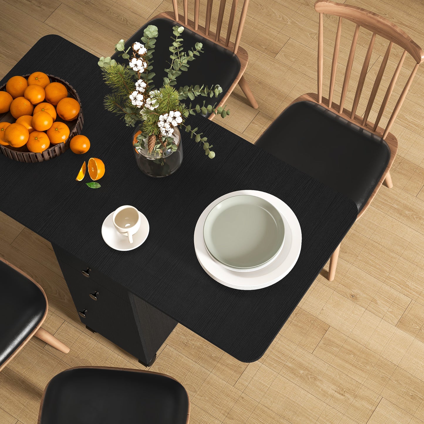 Midile Wooden Distressed Black Drop Leaf Dining Table With Storage Seating 6