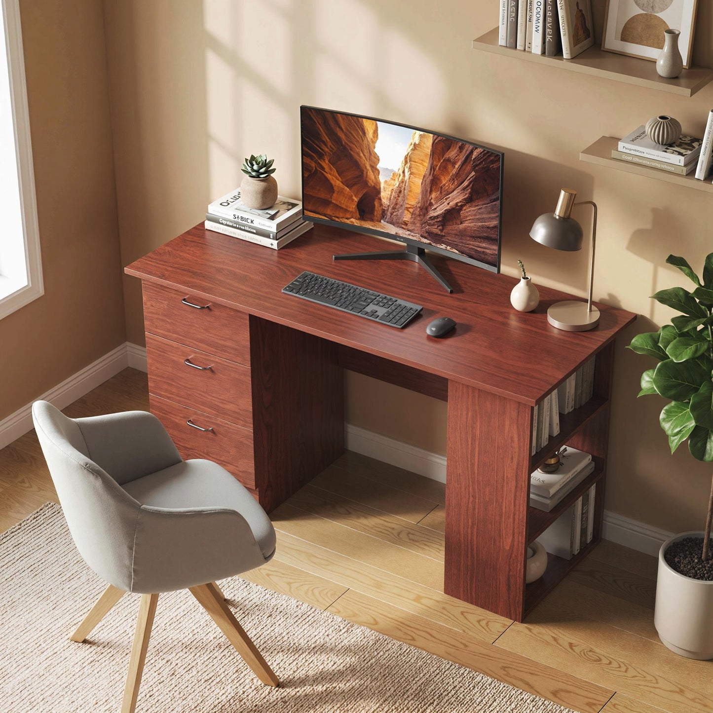 Mimi 120cm Wooden Walnut Brown Home Office Desk With 3 Shelves And Drawer Storage