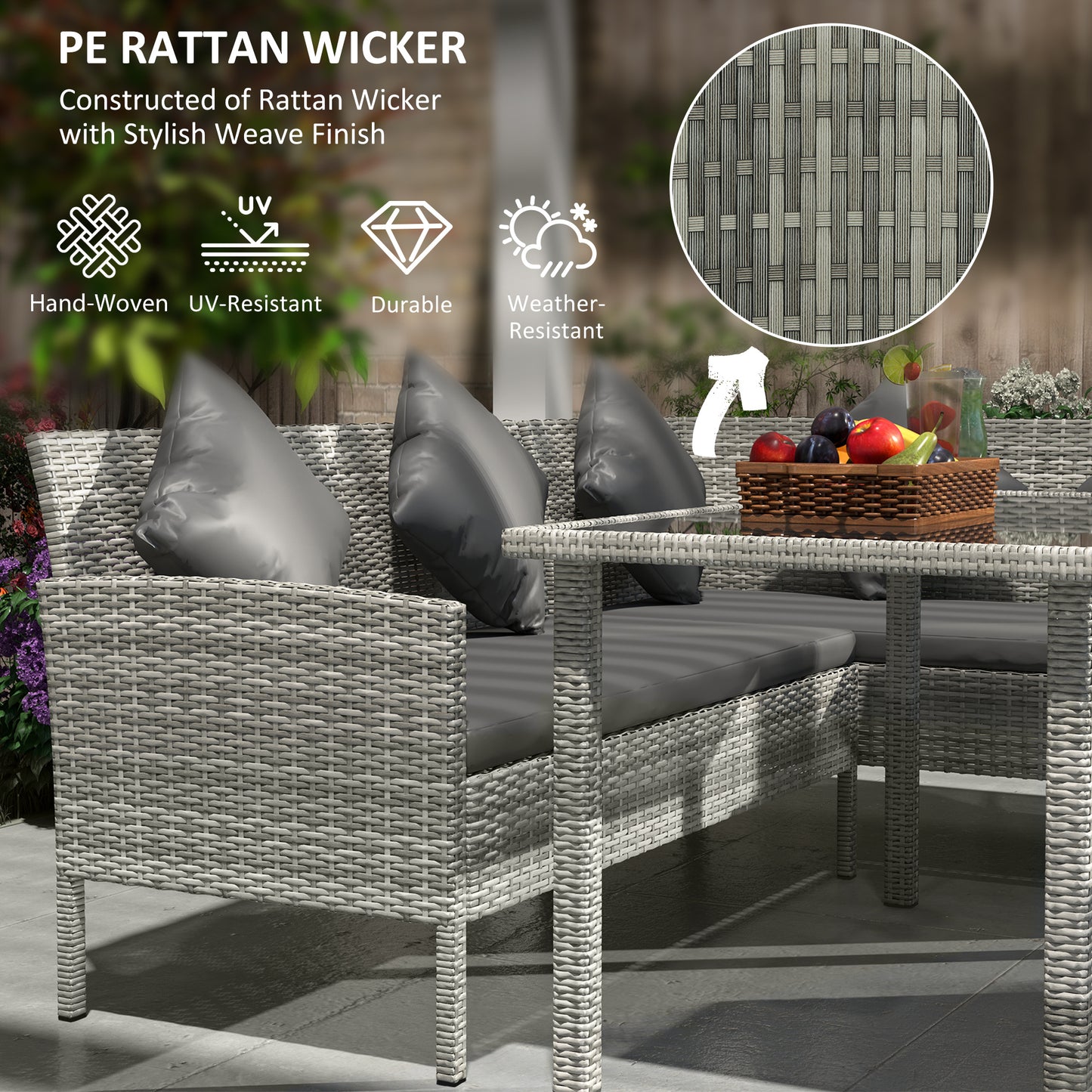 Coha Rattan Dark Grey 6 Seater Outdoor Dining And Sofa Set With Table Footstools And Cushions