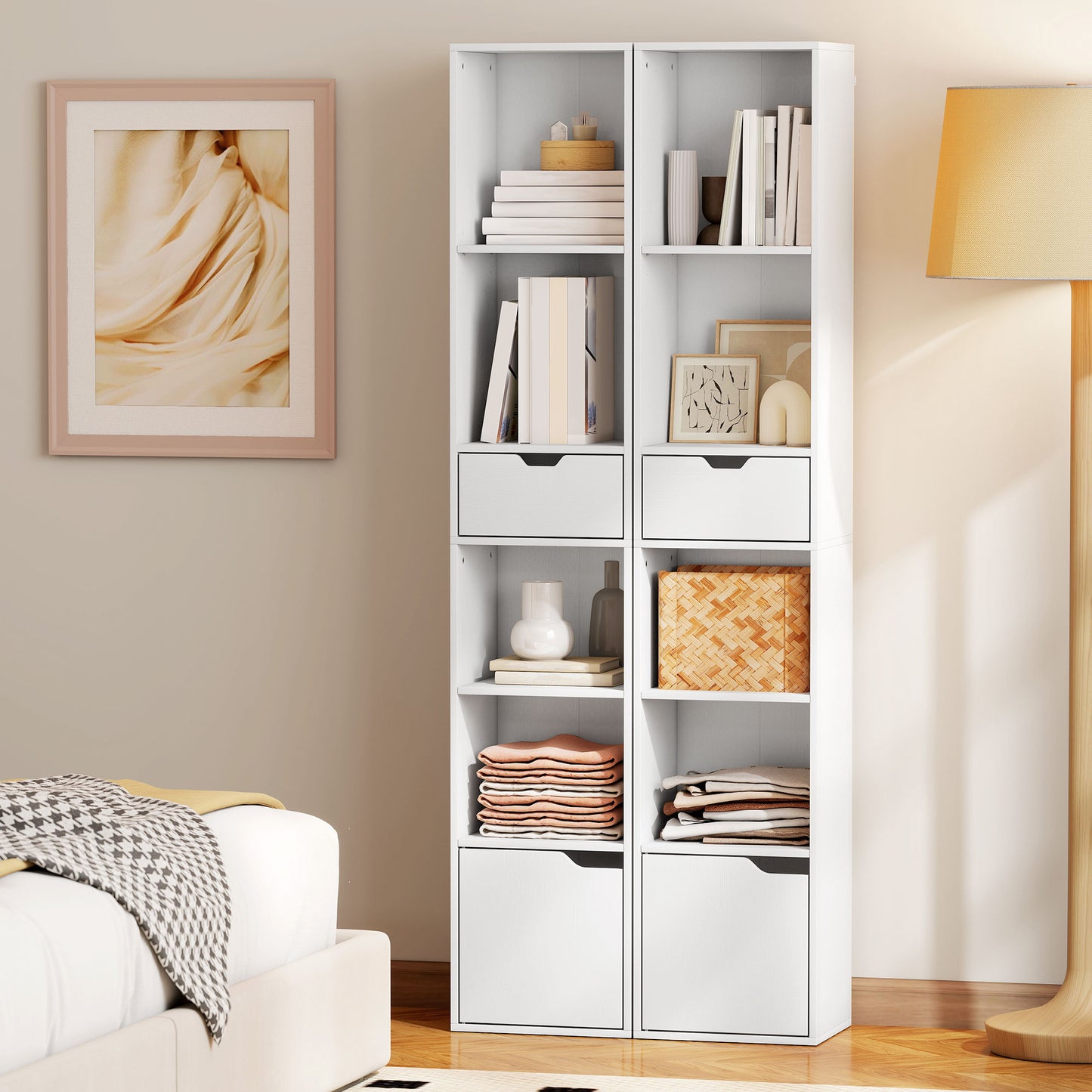 Kesura Wooden White Tall Narrow 6 Tier Bookcase With Drawer And Door