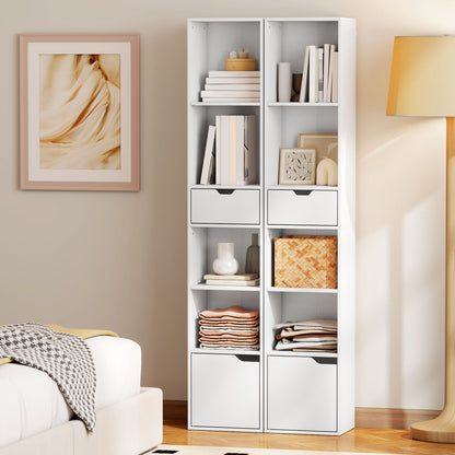 Kesura Wooden White Tall Narrow 6 Tier Bookcase With Drawer And Door