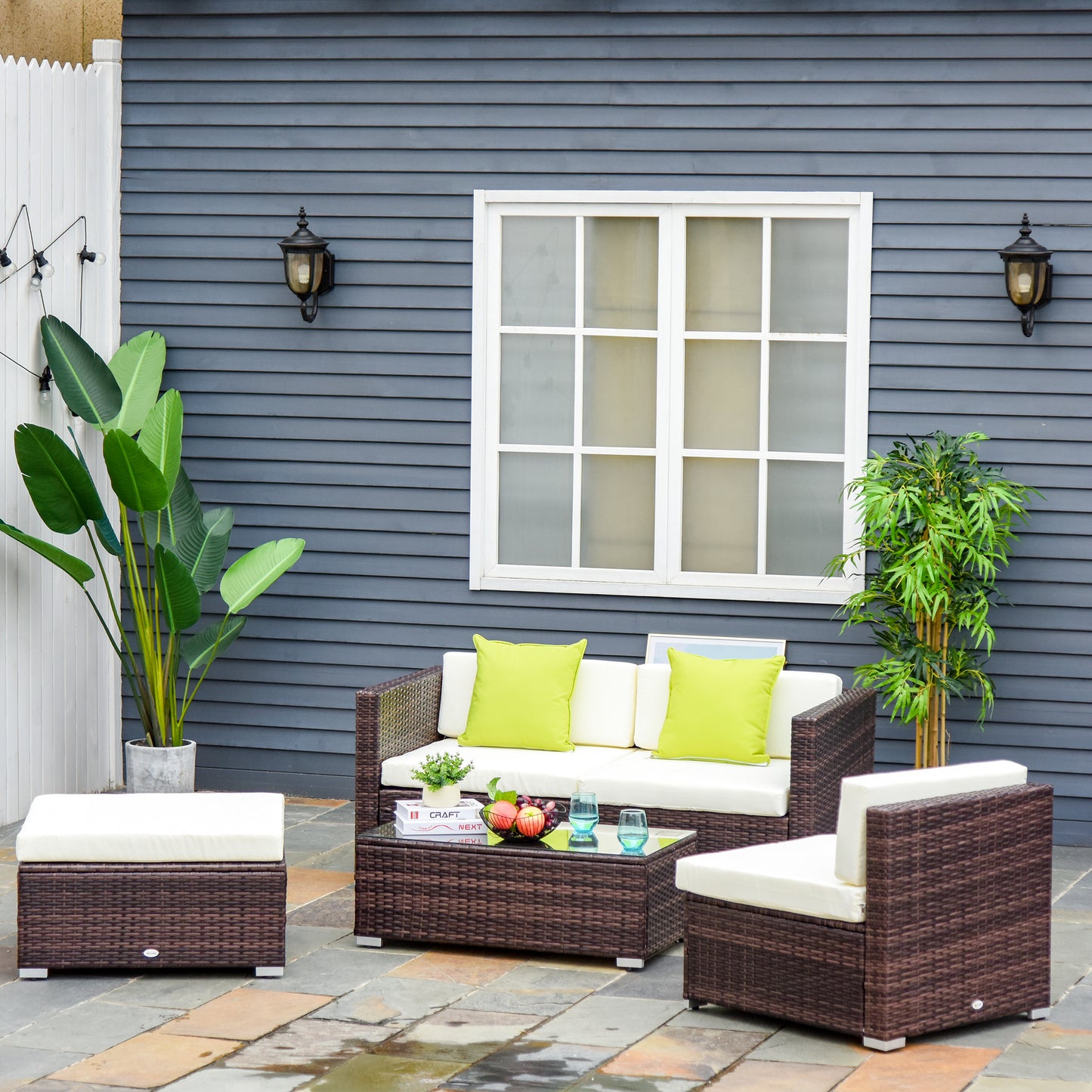 Milo Rattan Brown 4 Seater Outdoor Corner Sofa Set Cream Cushions