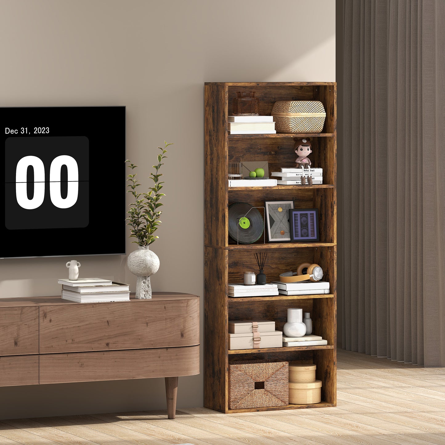 Loama Wooden Rustic Brown 6 Tier Storage Bookcase