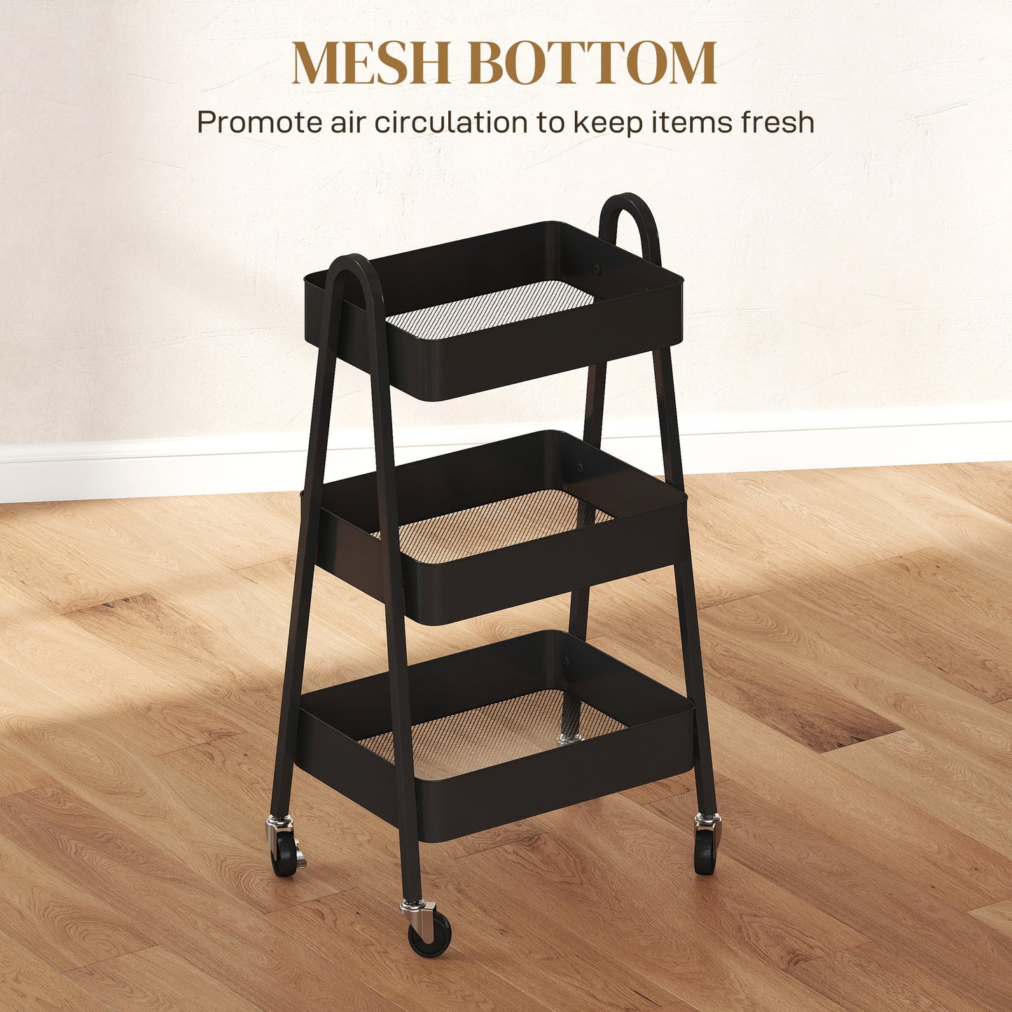 Fidovi Metal Black 3 Tier Storage Trolley With Wheels