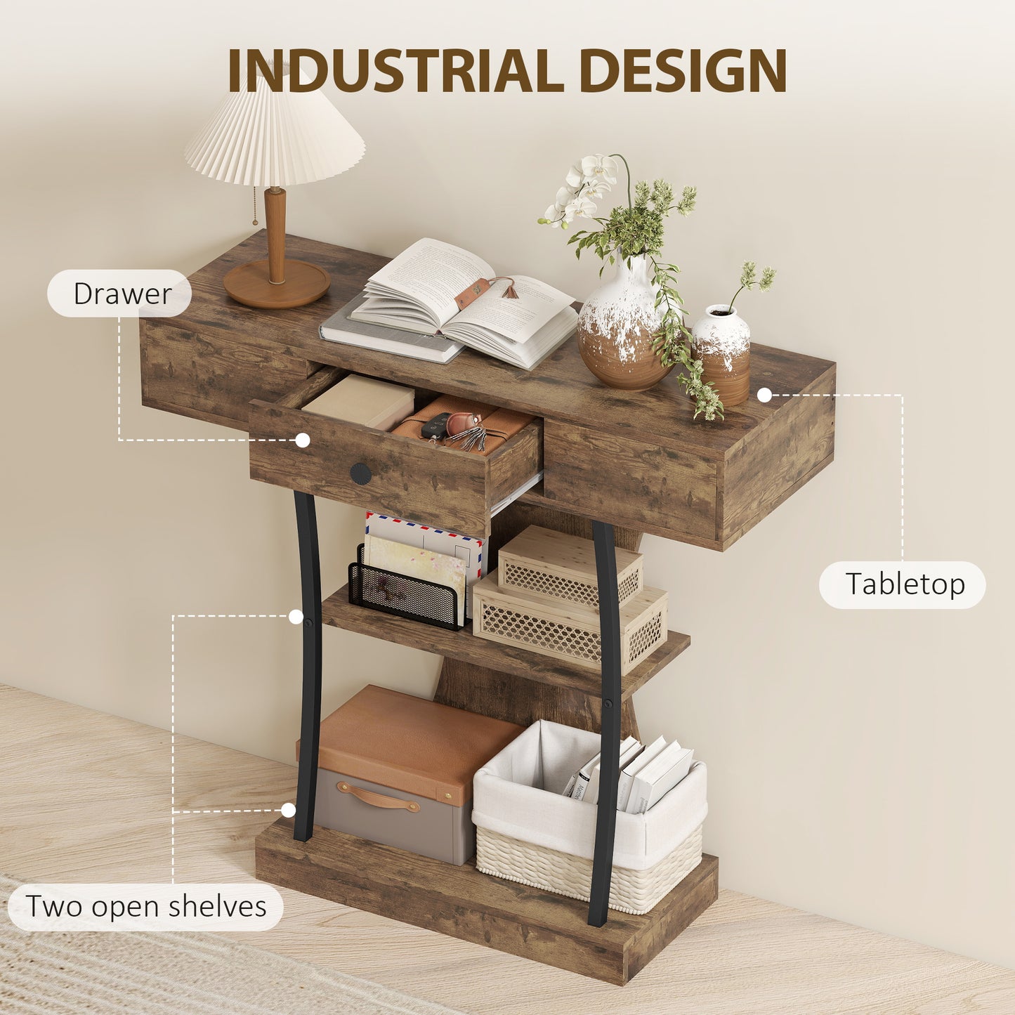 Rasana Metal And Wooden Rustic Brown 3 Tier Console Table With Drawer And Shelves