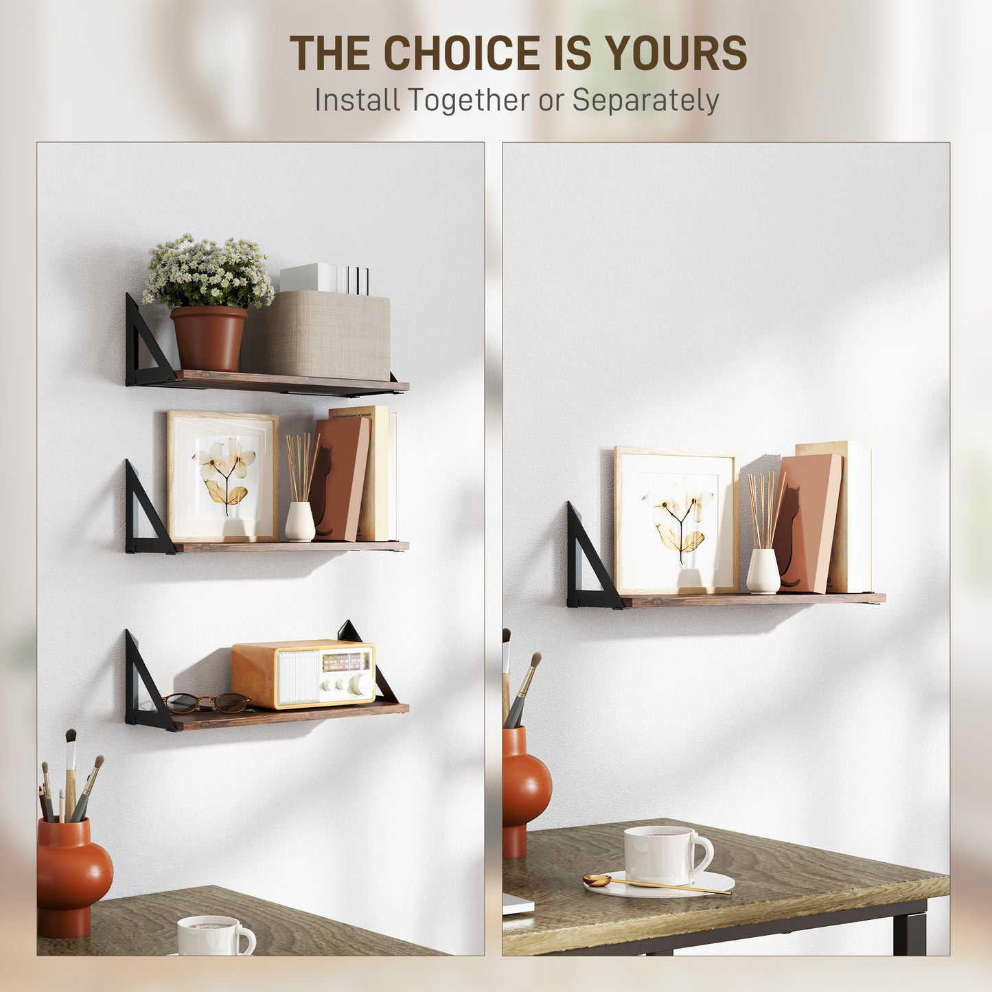 Filozi Wood Rustic Brown Set Of 3 Vintage Style Wall Mounted Shelves 43 cm