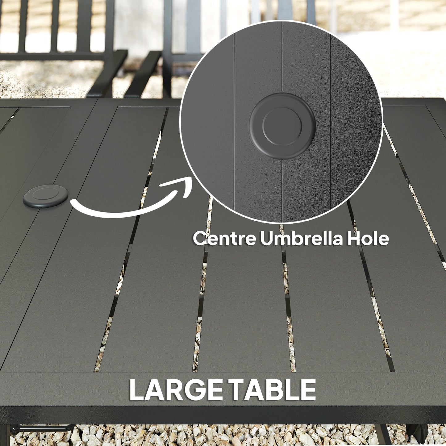 Suri Metal Black 6 Seater Outdoor Dining Table And Chairs Set With Parasol Hole