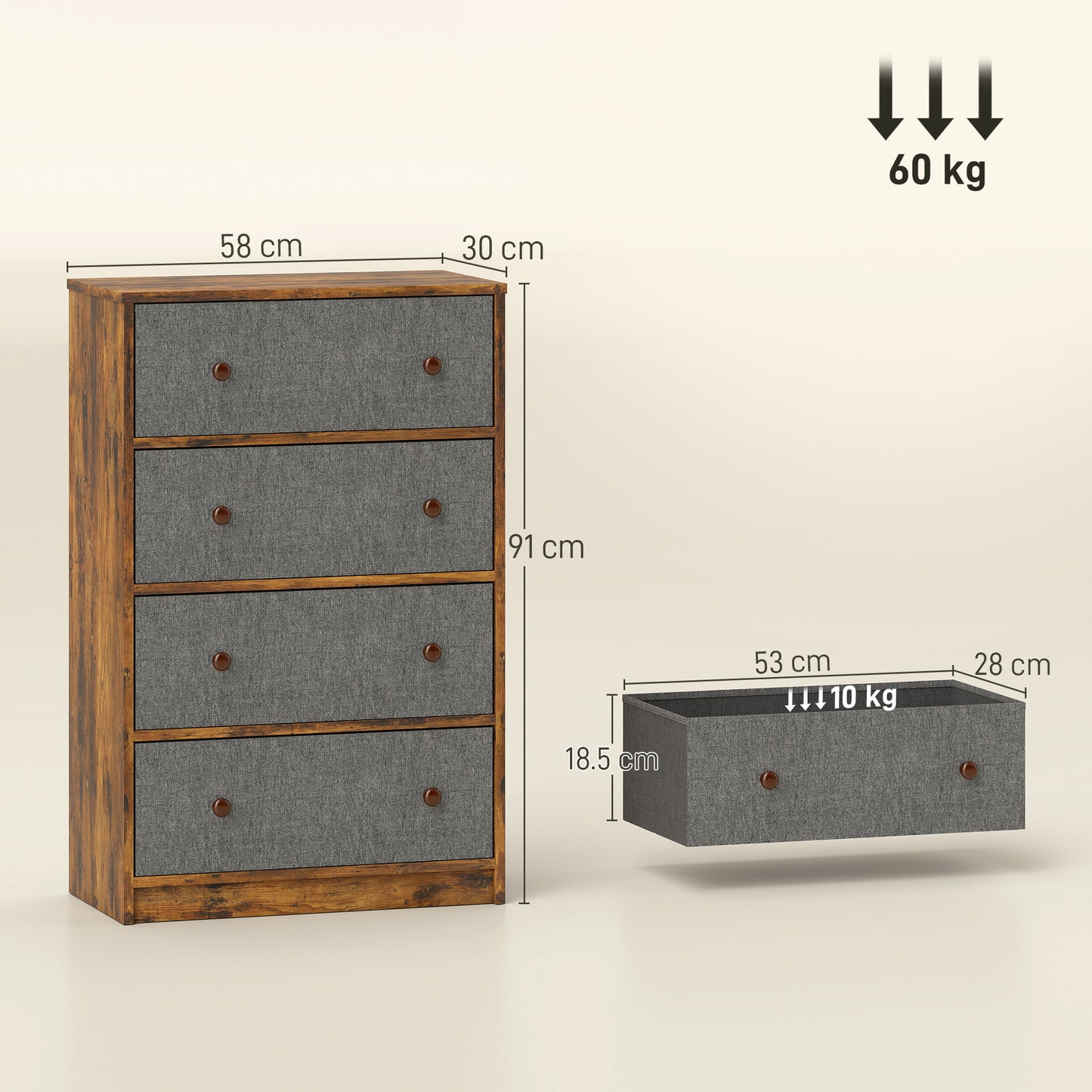 Sovise Fabric And Wood Grey And Rustic Brown 4 Drawer Storage Dresser