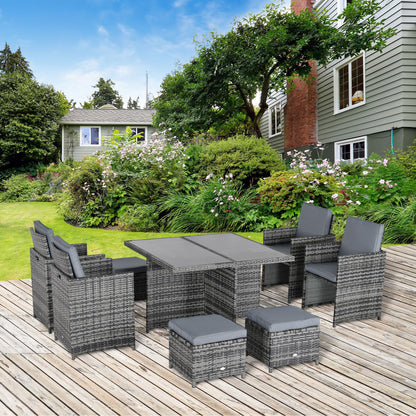 Noco Rattan Grey 8 Seater Outdoor Dining Set With Armchairs and Footstools