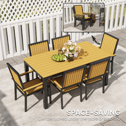 Rido 6 Seater Natural Wood and Black Metal Garden Dining Set with Stackable Chairs