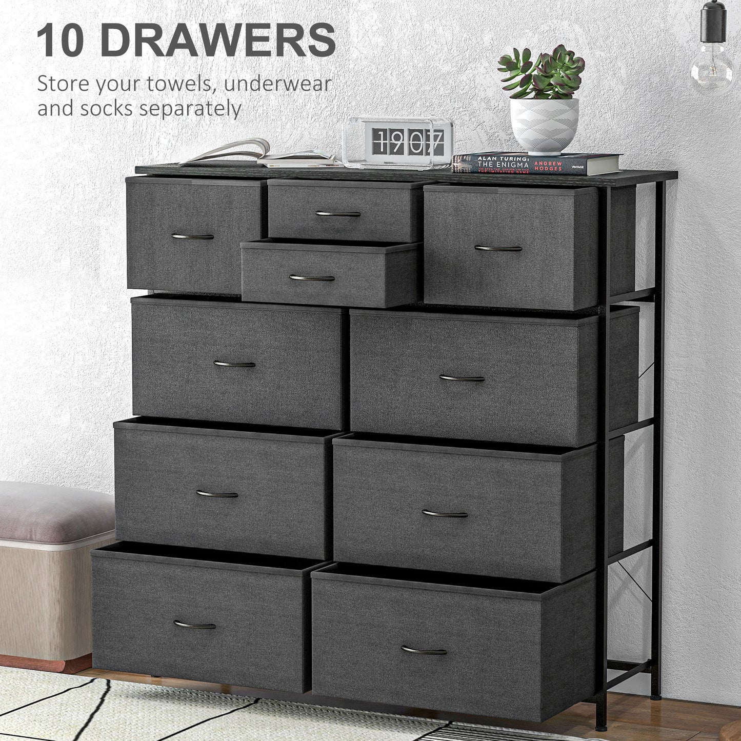 Salina Metal And Fabric Black 10 Drawer Storage Dresser With Foldable Drawers And Steel Frame